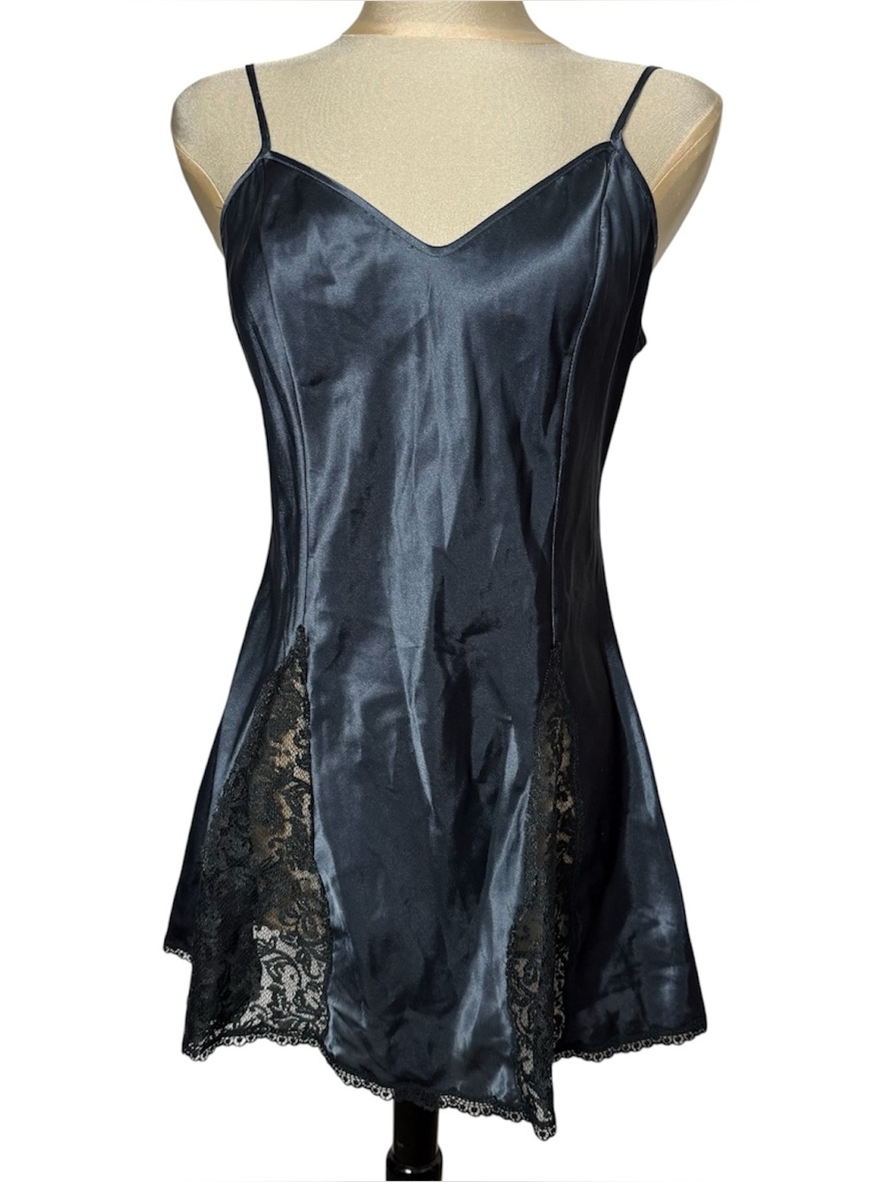 Vintage Victoria’s Secret Gold Label Navy Satin Lace Slip Dress M Y2K